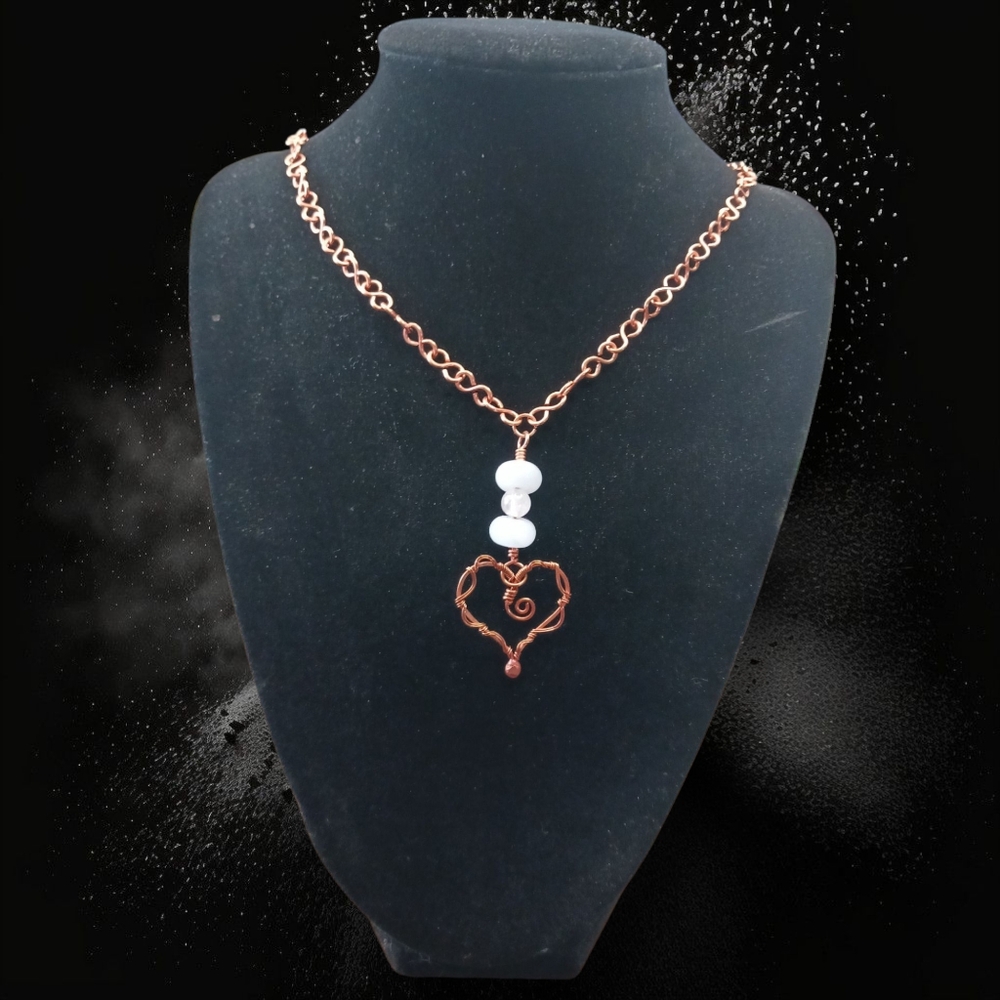 Copper Heart Necklace with Aquamarine & Rose Quartz